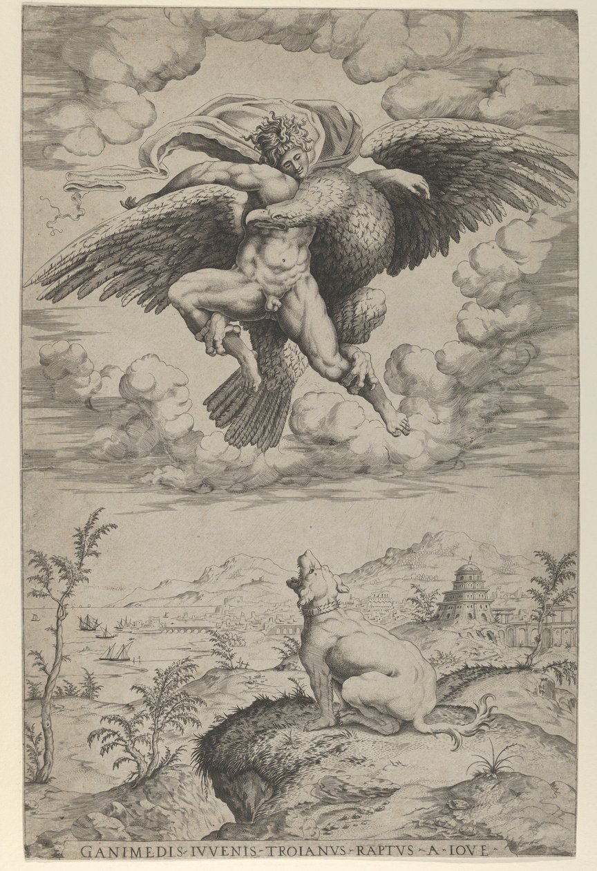 Jupiterin Ganymeden raiskaus kotkan varjossa, joka kantoi hänet taivaaseen, hei..., 1542. tekijältä Nicolas Beatrizet