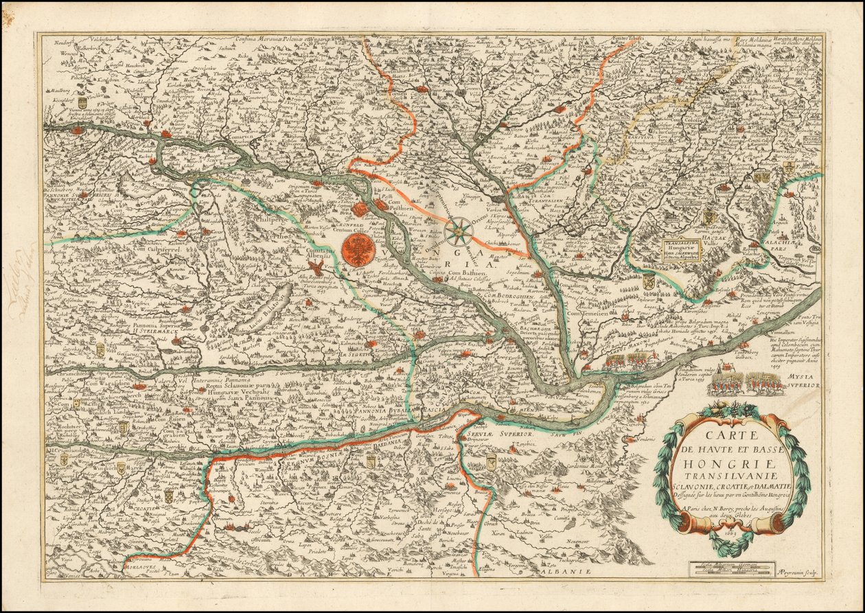 Nicolas Bereyn julkaisema vuoden 1663 kartta Ylä- ja Ala-Unkarista, Transilvaniasta, Sloveniasta, Kroatiasta ja Dalmatiasta. tekijältä Nicolas Berey