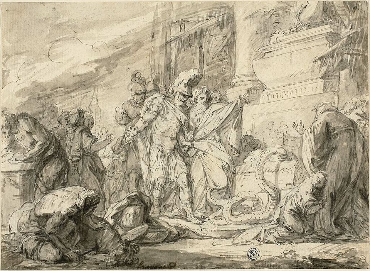 Aeneas Anchiseksen haudalla (oikealla); Aeneas Ankiksen toomessa (jae) tekijältä Nicolas Bernard Lepicie