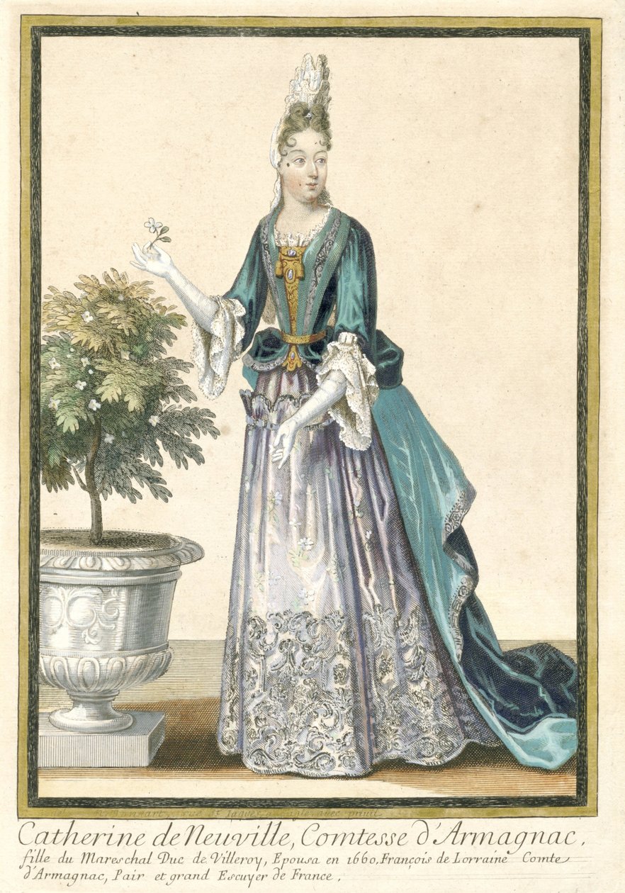 Ranskalaiset printit levittävät ranskalaista muotia: Armagnacin kreivitär Catherine de Neuvillen muotokuva Catherine de Neuville, Armagnacin kreivitär, pukeutunut ranskalaiseen muotiin n. 1685 tekijältä Nicolas Bonnart (fils)