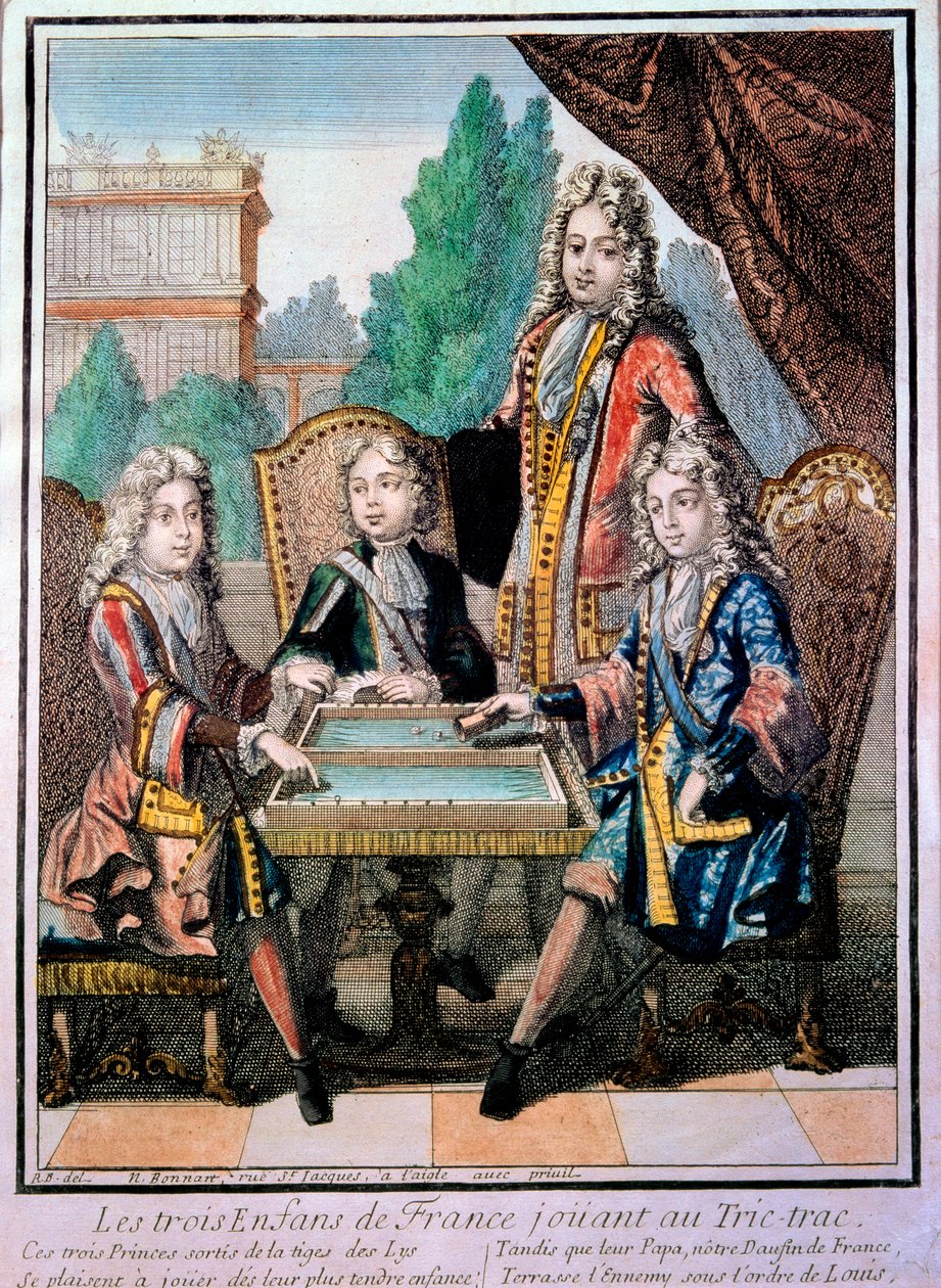 Ludvig XIV:n (1638-1715), Ludvig Burgundin herttuan (k. 1712), Anjoun herttuan Philippen (1683-1746) ja Berryn herttuan Charlesin lapsenlapset isänsä Louis (k. 1711), delfiini kanssa Ranskalainen soittamassa tric tracia (Trictrac tai Trictrac: backgan esi- tekijältä Nicolas Bonnart