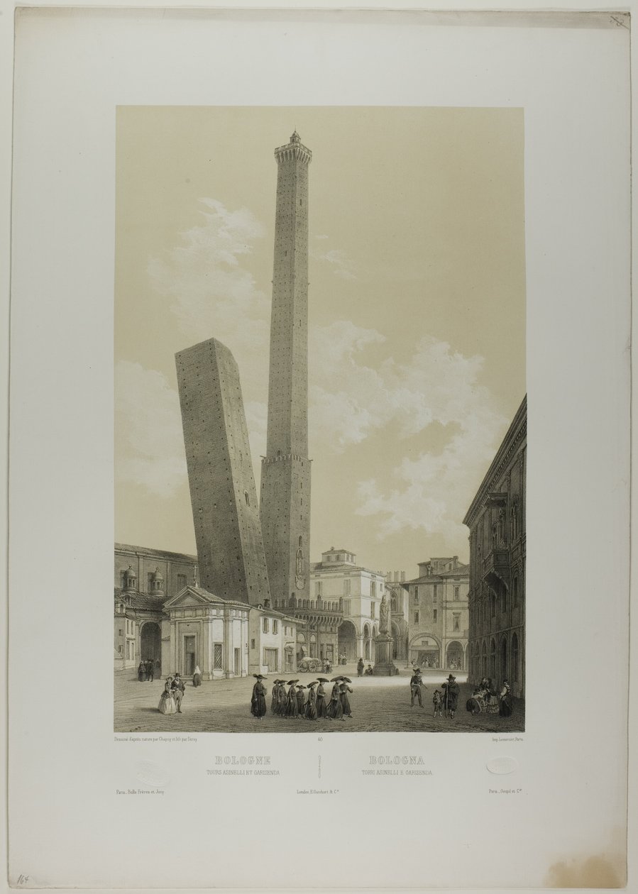 Bologna: Asinellin ja Garisendan tornit, taulu 40 teoksesta Italie Monumentale et Pittoresque. tekijältä Nicolas Chapuy