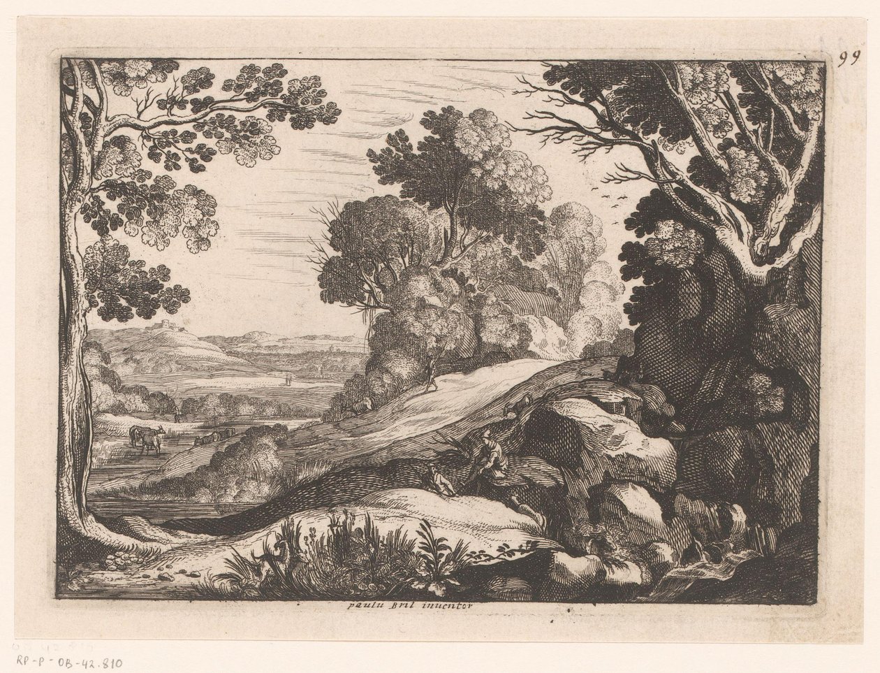 Mäkistä maisemaa kahdella vuohipaimenella Idealisoidut maisemat (sarjan nimi) tekijältä Nicolas Cochin (attributed to)