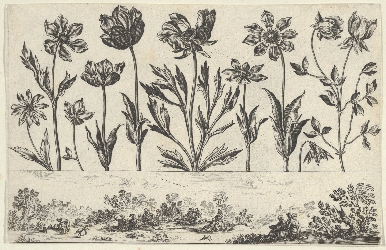 Vaakasuora paneeli, jossa kukkarivi friisin yläpuolella ja hahmoja maisemassa, Li..., 1645. tekijältä Nicolas Cochin