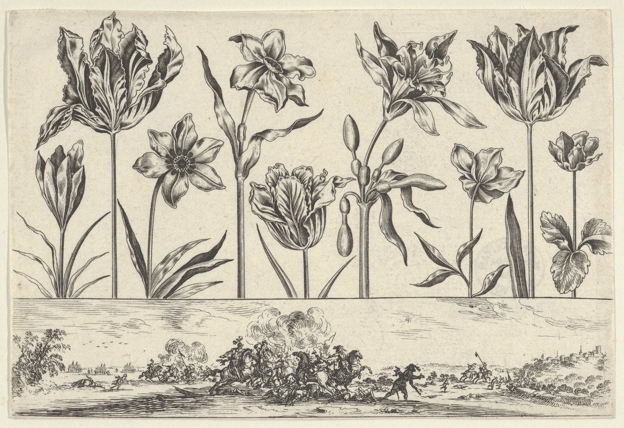 Vaakasuora paneeli, jossa kukkarivi friisin yläpuolella ja taistelukohtaus maisemassa, ..., 1645. tekijältä Nicolas Cochin