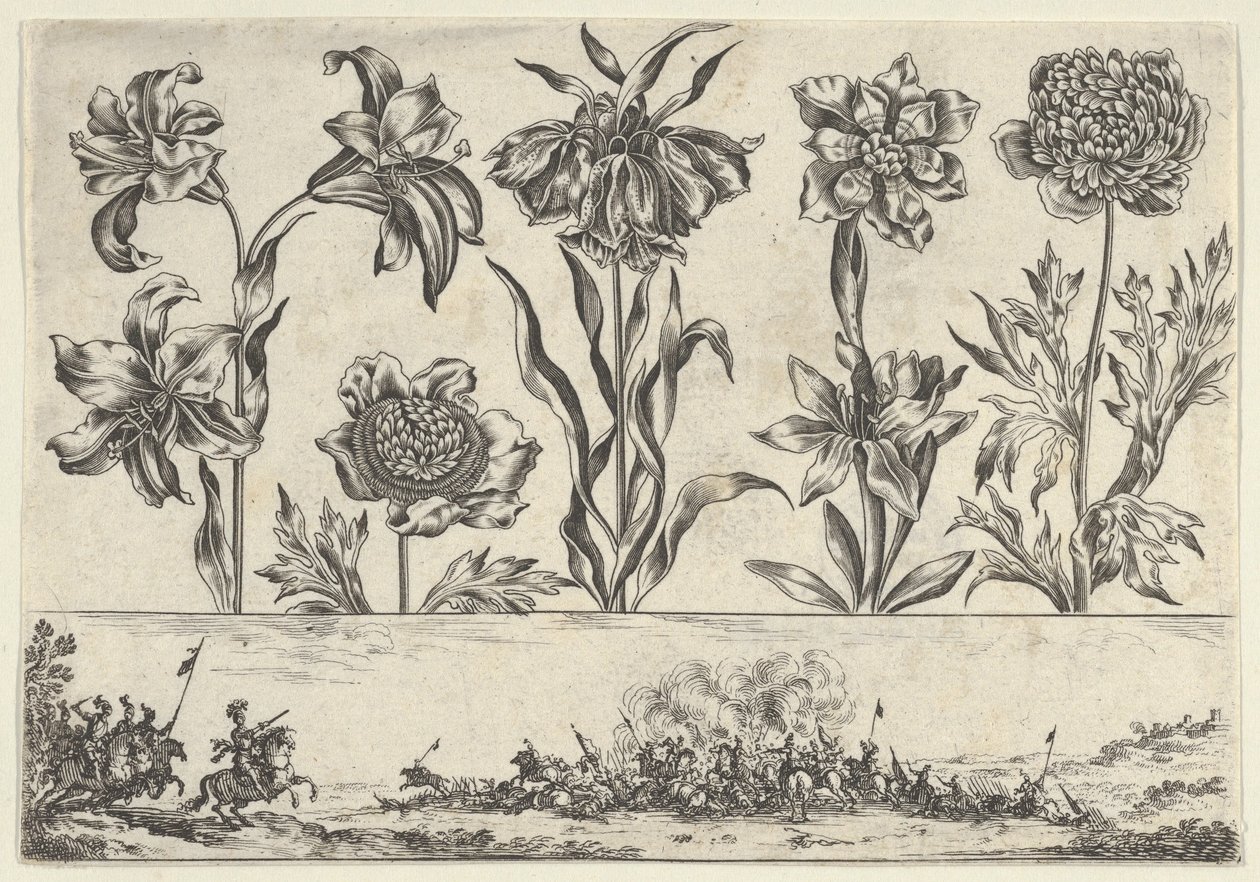 Vaakasuora paneeli, jossa kukkarivi friisin yläpuolella ja taistelukohtaus maisemassa, ..., 1645. tekijältä Nicolas Cochin