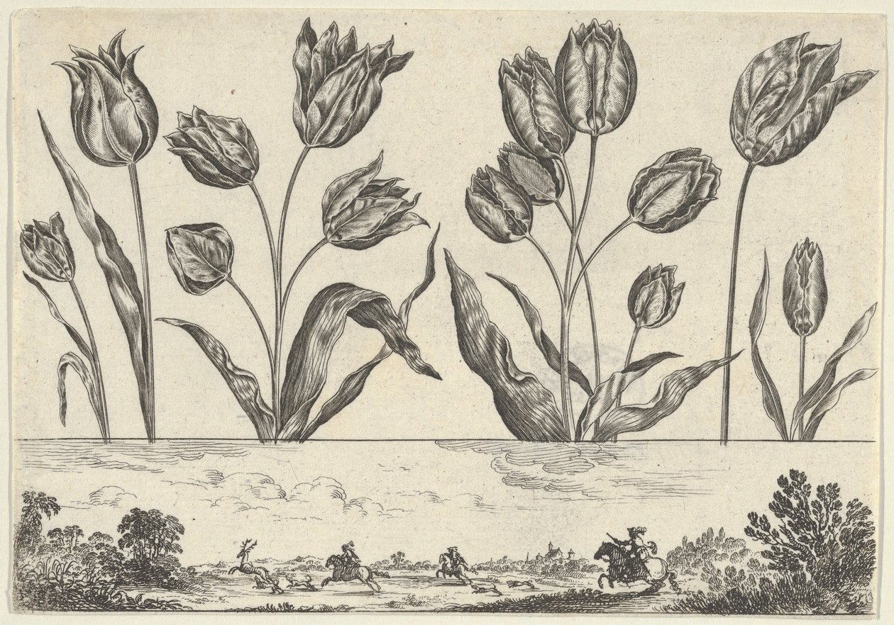 Vaakasuora paneeli, jossa kukkarivi friisin yläpuolella ja metsästyspaikka maisemassa,..., 1645. tekijältä Nicolas Cochin