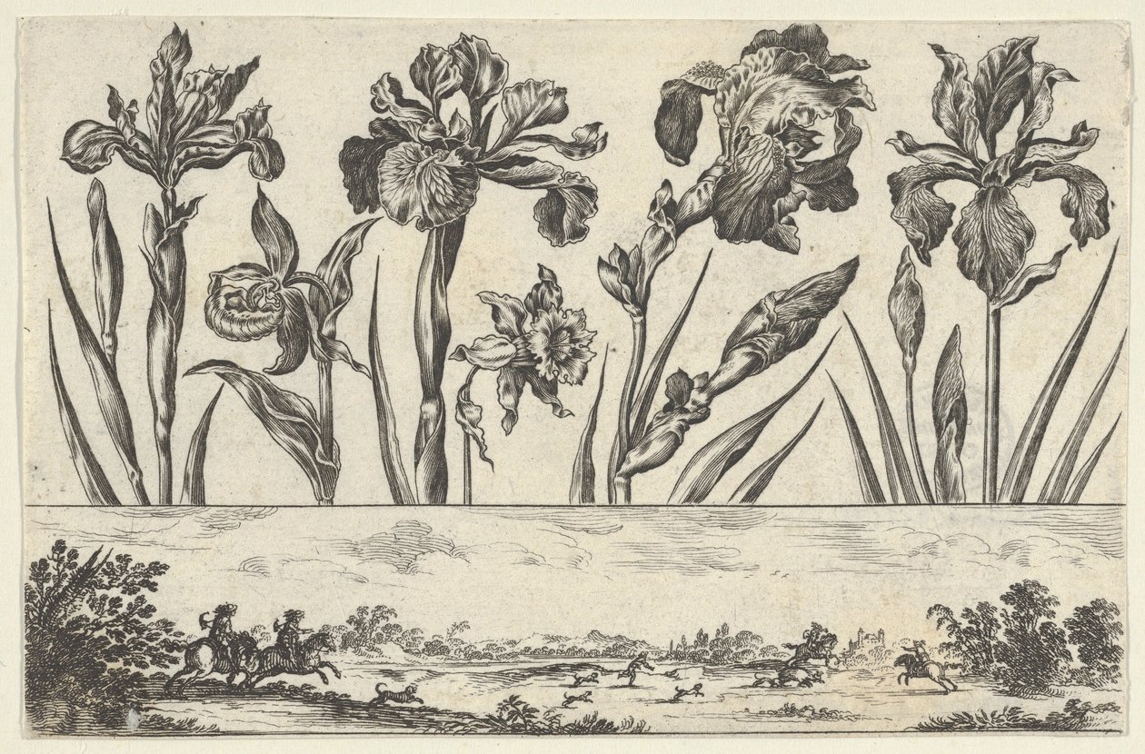 Vaakasuora paneeli, jossa kukkarivi friisin yläpuolella ja metsästyspaikka maisemassa,..., 1645. tekijältä Nicolas Cochin