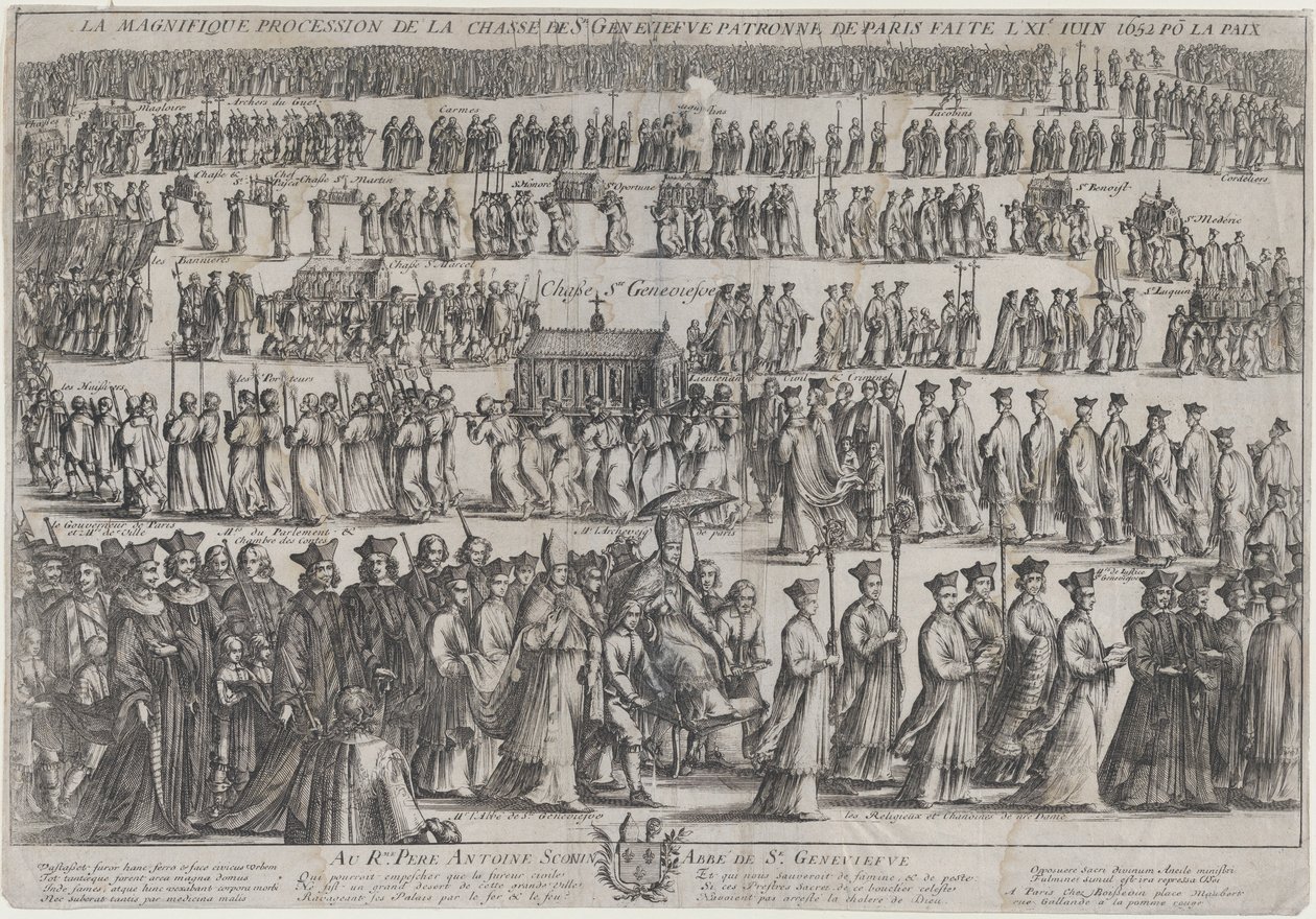 Pyhän Genevieven arkun kulkue, jossa papit ja maallikot marssivat kuudessa rivissä..., 1652. tekijältä Nicolas Cochin