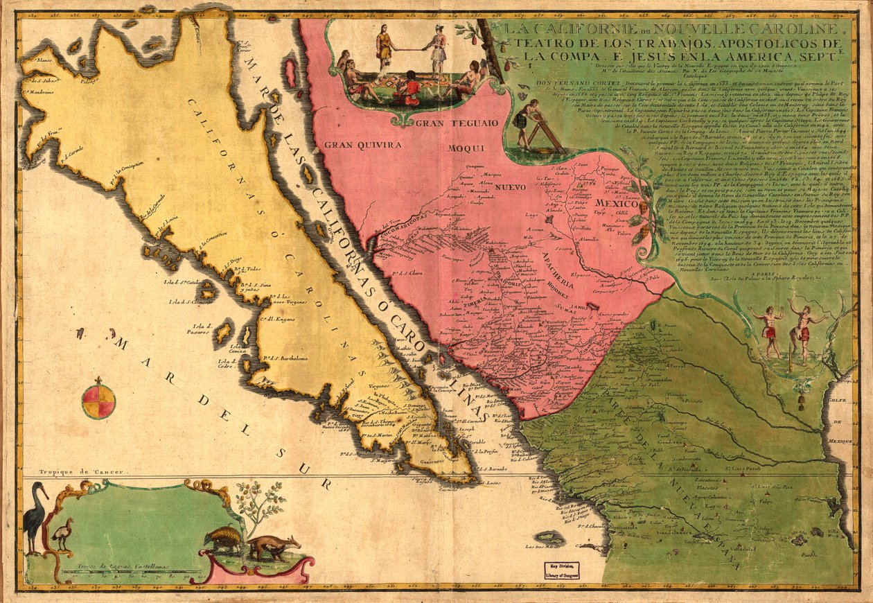 La Californie ou Nouvelle Caroline - teosten teatteri, Apostoliset teokset Compa. e Jesus in America Septe. LOC 98687119 tekijältä Nicolas de Fer