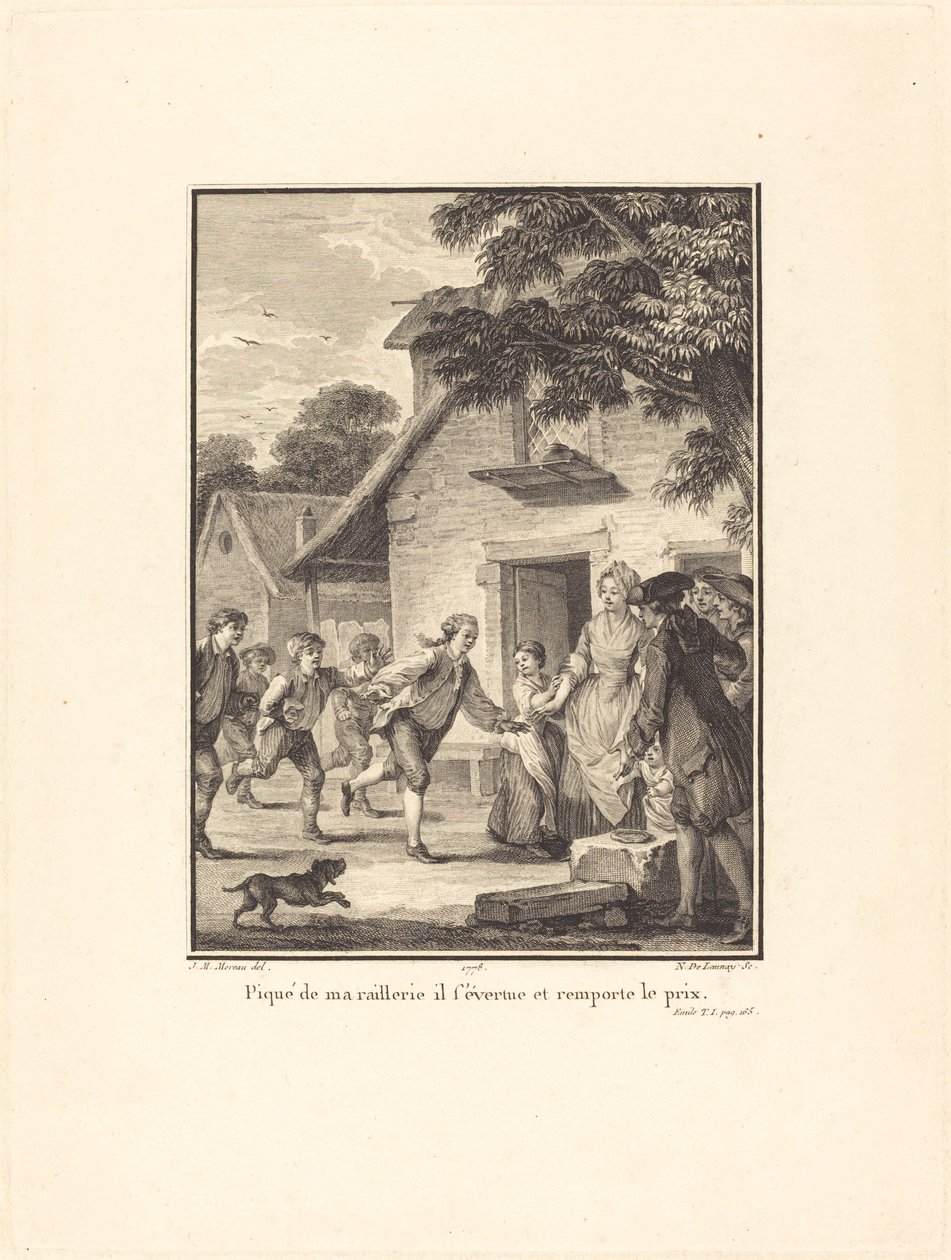 Pilkani piinaamana hän pyrkii ja voittaa palkinnon tekijältä Nicolas Delaunay after Jean Michel Moreau