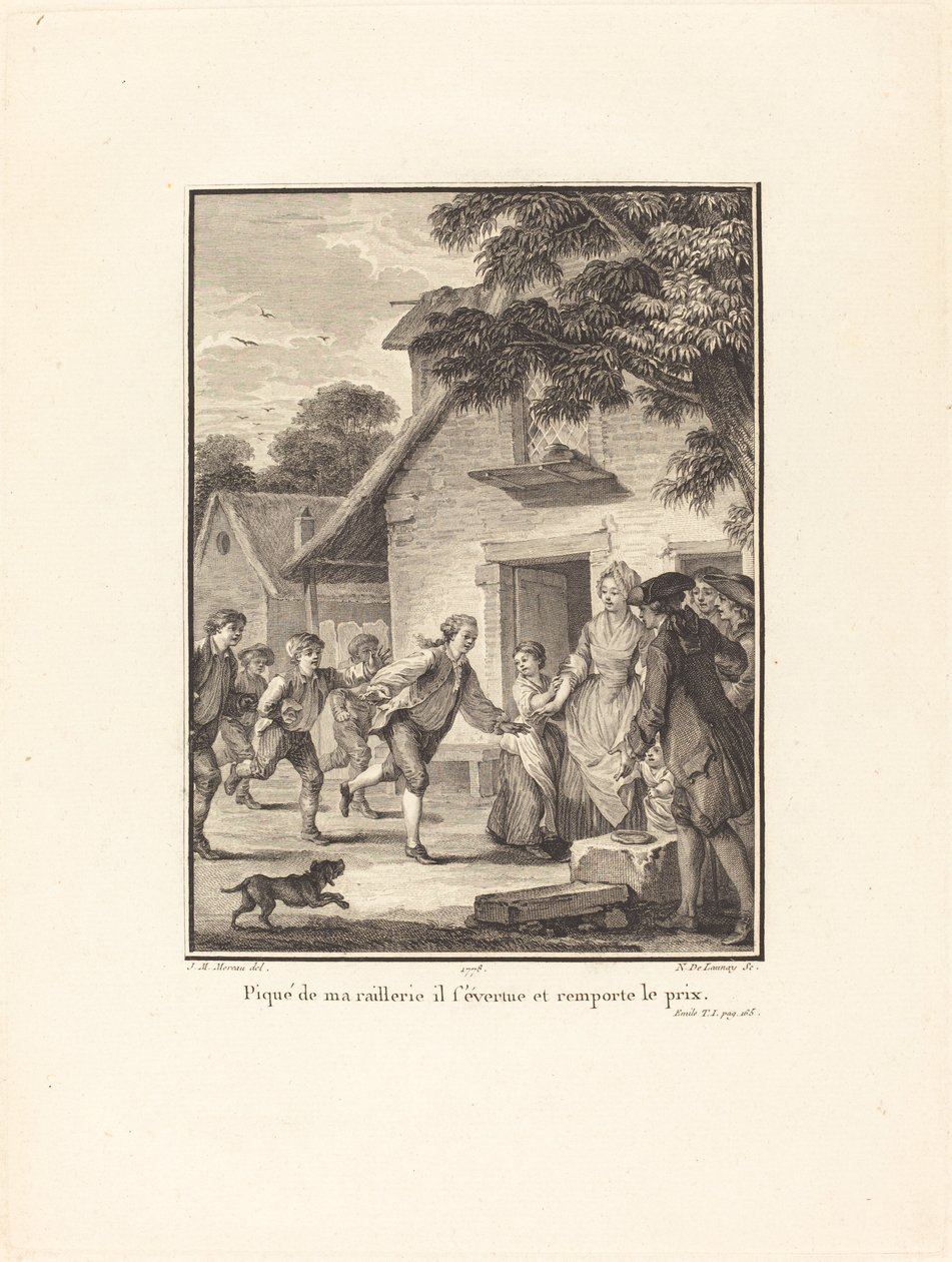 Pilkani piinaamana hän pyrkii ja voittaa palkinnon tekijältä Nicolas Delaunay after Jean Michel Moreau