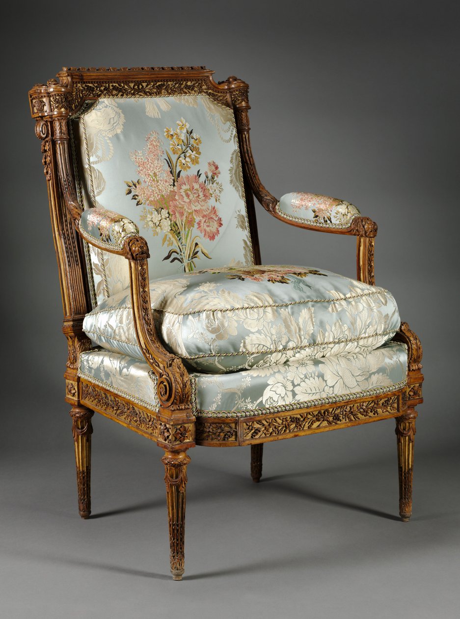 Nojatuoli (Fauteuil), n. 1785 (puksipuu) tekijältä Nicolas Denis Delaisement