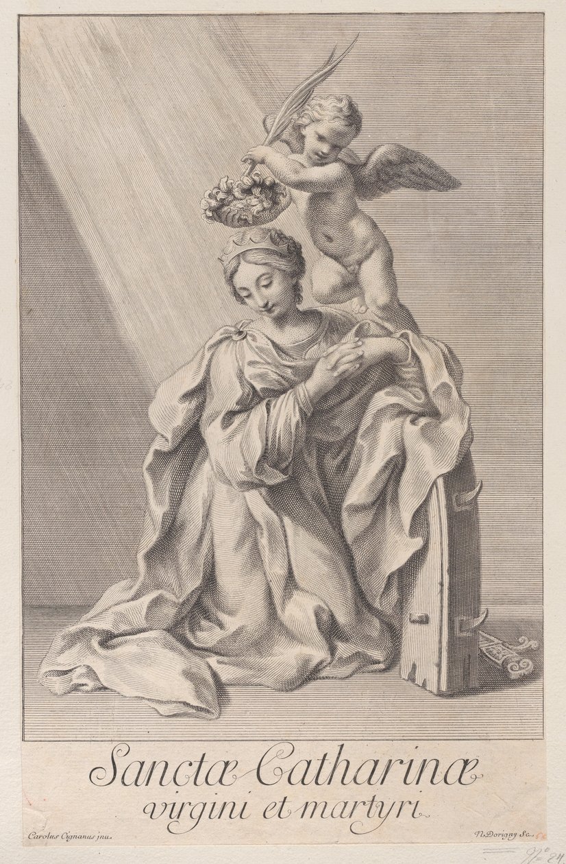 Pyhä Katariina Aleksandrialainen polvistuu kyynärpäänsä piikkipyörän varassa ja..., 1698. tekijältä Nicolas Dorigny