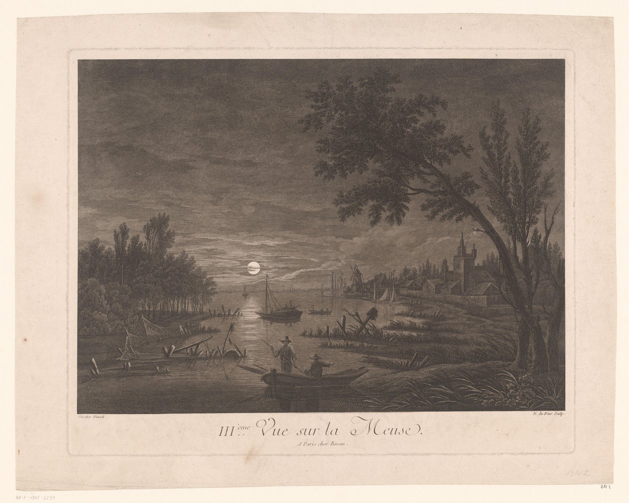 Yönäkymä Maasille kalastajien kanssa III.ème Vue sur la Meuse. (otsikko esineessä) tekijältä Nicolas Dufour