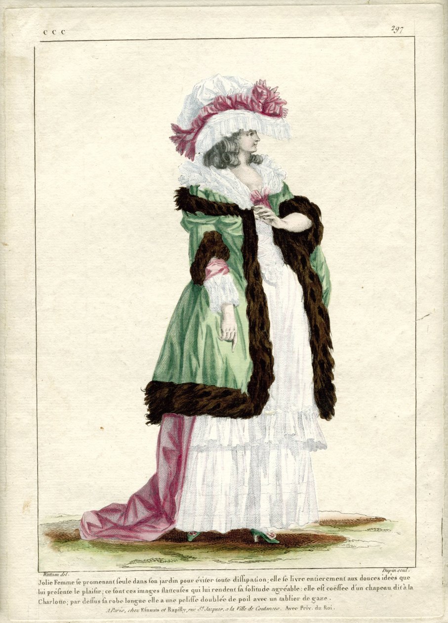 Gallerie des Modes et Costumes Francais, 1785, CCC 297: Kaunis nainen kävelee yksin... tekijältä Nicolas Dupin