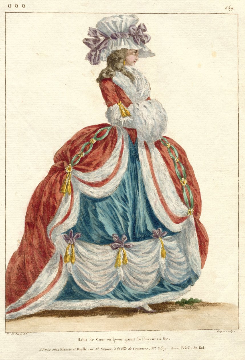 Marie Antoinette: Muodin kuningatar: Ranskalainen muoti- ja pukugalleria Gallerie des Modes et Costumes Francais, 1787, ooo.359, Hovipuku talvella (otsikko esineessä) tekijältä Nicolas Dupin