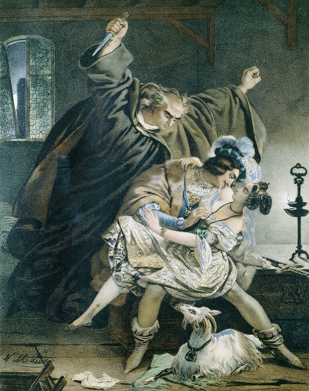 Victor Hugon Esmeralda, Phoebus ja claude Frollo (Notre Dame de Paris). Kuvitus Nicolas Eustache Maurin 1799-1850 Yksityinen kokoelma. tekijältä Nicolas Eustache Maurin