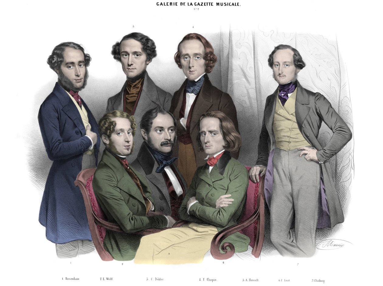 Galerie de la Gazette musicale N. 2. Vuoden 1842 julkkikset: Frederic Chopin (1810-1849) Franz Liszt (1811-1886), Jacob (Jakob, Jacques) Rosenhain, Edouard Wolff, Sigismund Thalberg, Adolf von Theodor Henselt, Theodor Dohler (1814-1856). Kaiverrus Nicolas tekijältä Nicolas Eustache Maurin
