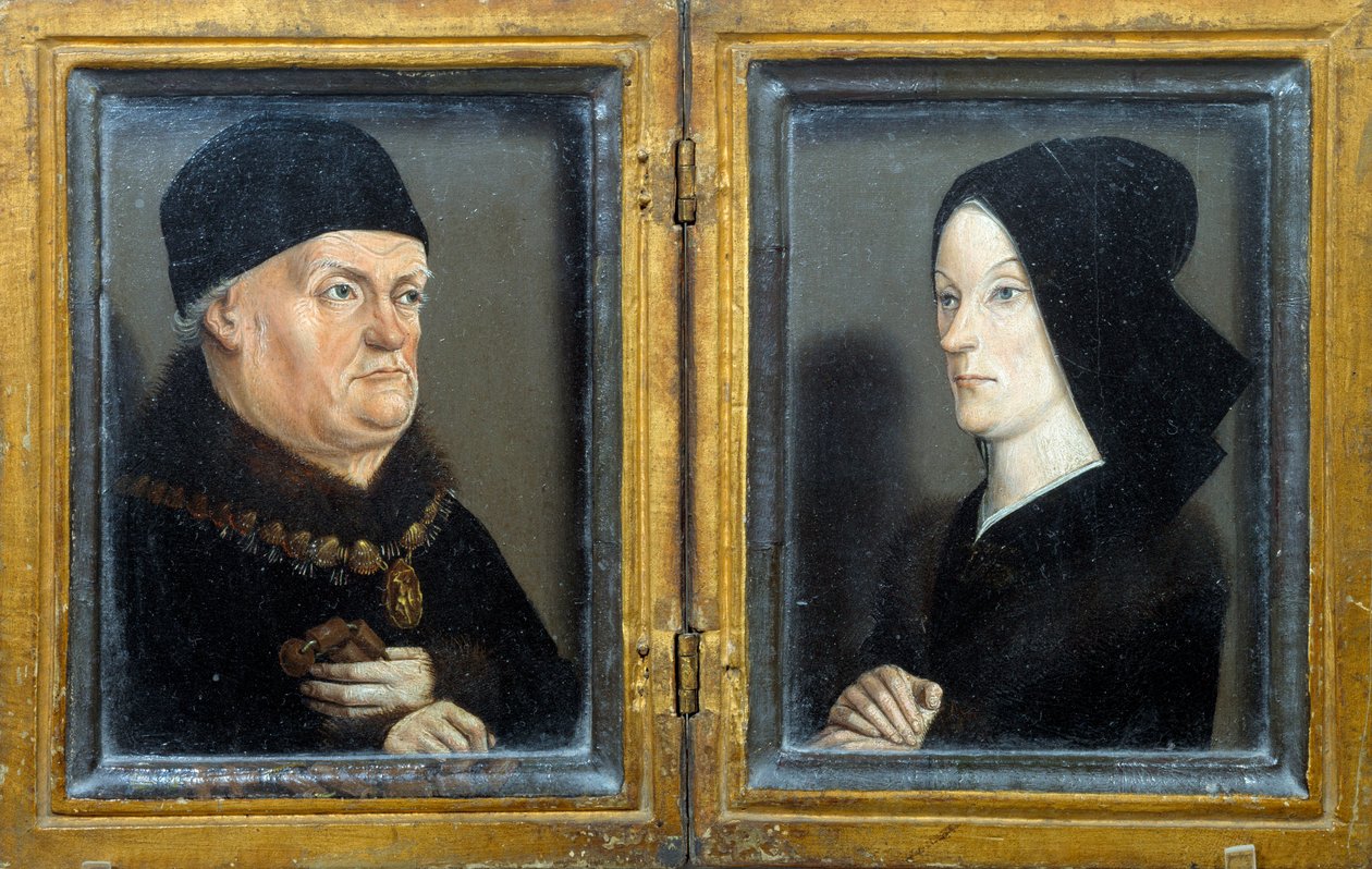 Matheronin diptyykki: Anjoun herttuan, Provencen kreivin, Sisilian ja Jerusalemin kuninkaan (1409-1480) ja hänen vaimonsa Jeanne de Lavalin muotokuvia. Nicolas Fromentin maalaus (n. 1425-1483/1486) Su. 0,17x0,13 m tekijältä Nicolas Froment