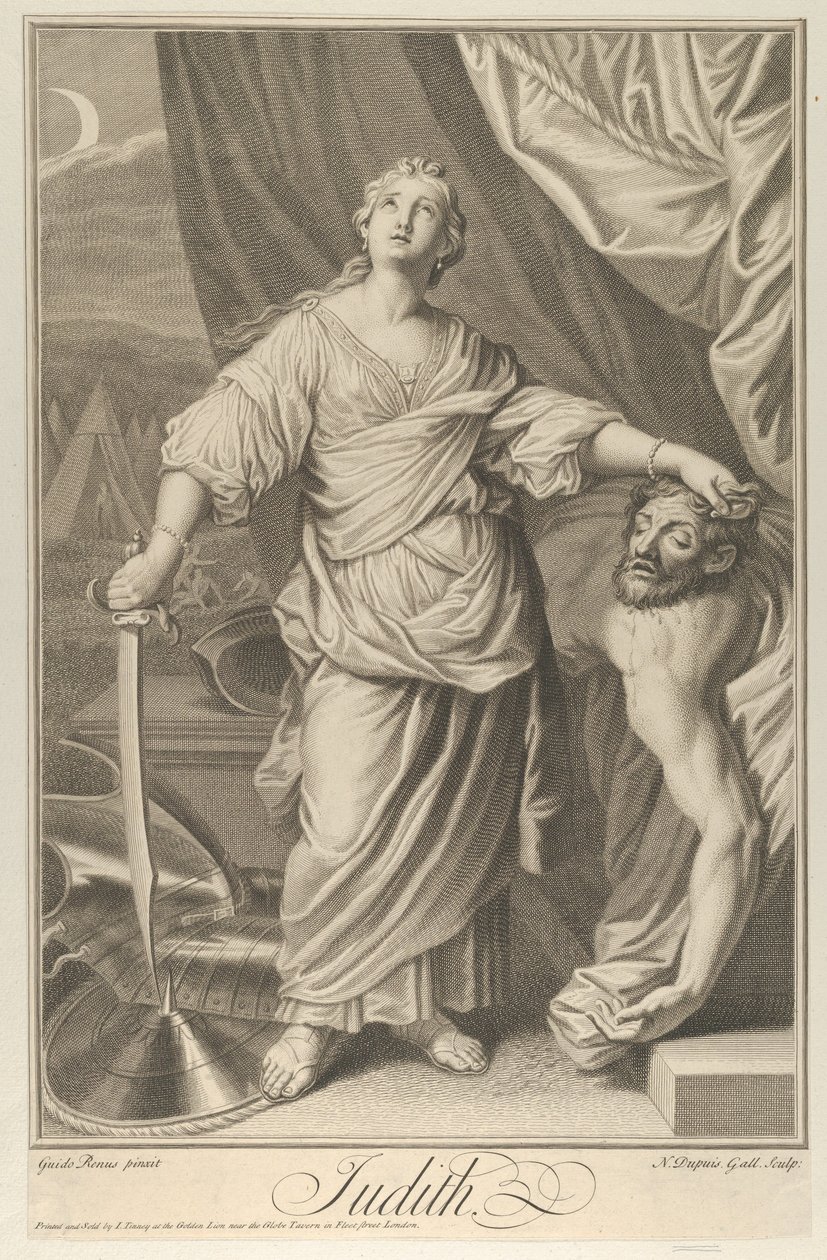 Judith seisoo ja katsoo ylös, pitelee Holofernesin päätä vasemmassa kädessään ja..., n. 1718-61. tekijältä Nicolas Gabriel Dupuis