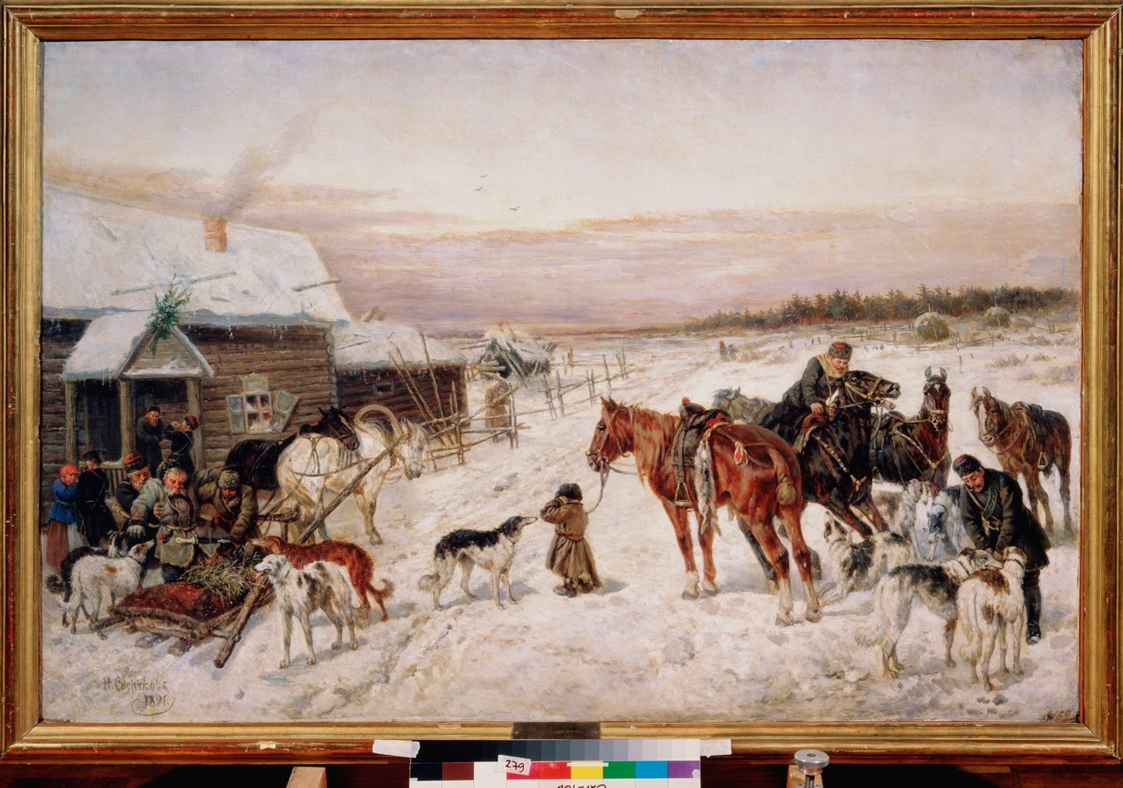 Ennen pubia talvella - Nikolai Jegorovich Sverchkov (Nicolas Swertschkoff) maalaus (1817-1898), öljy kankaalle tekijältä Nicolas Gregorovitch Svertschkoff