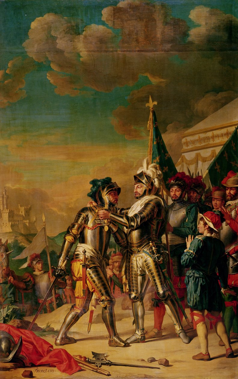 Henri II (1519-59) Antamassa Saint-Michelin ritarikunnan ketjun Gaspard de Saulxille (1509-73) Tavannesin kreiville Rentyn taistelun jälkeen, 13. elokuuta 1554, 1789 tekijältä Nicolas Guy Brenet