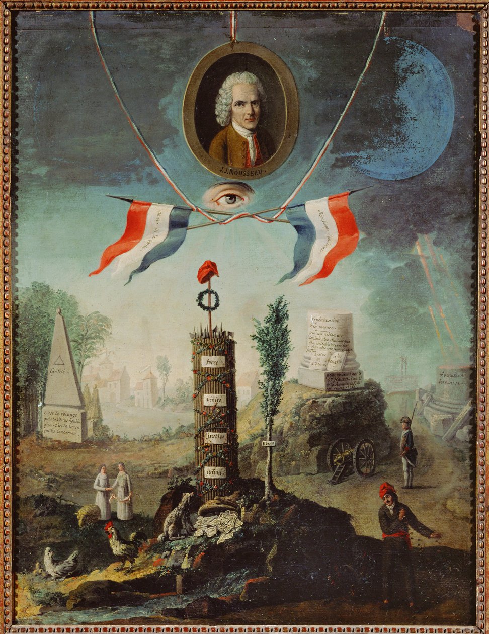 Ranskan vallankumouksen allegoria, jossa on Jean-Jacques Rousseaun muotokuva ja jakobiininen frigonihattu ... tekijältä Nicolas Henri Jeaurat de Bertry