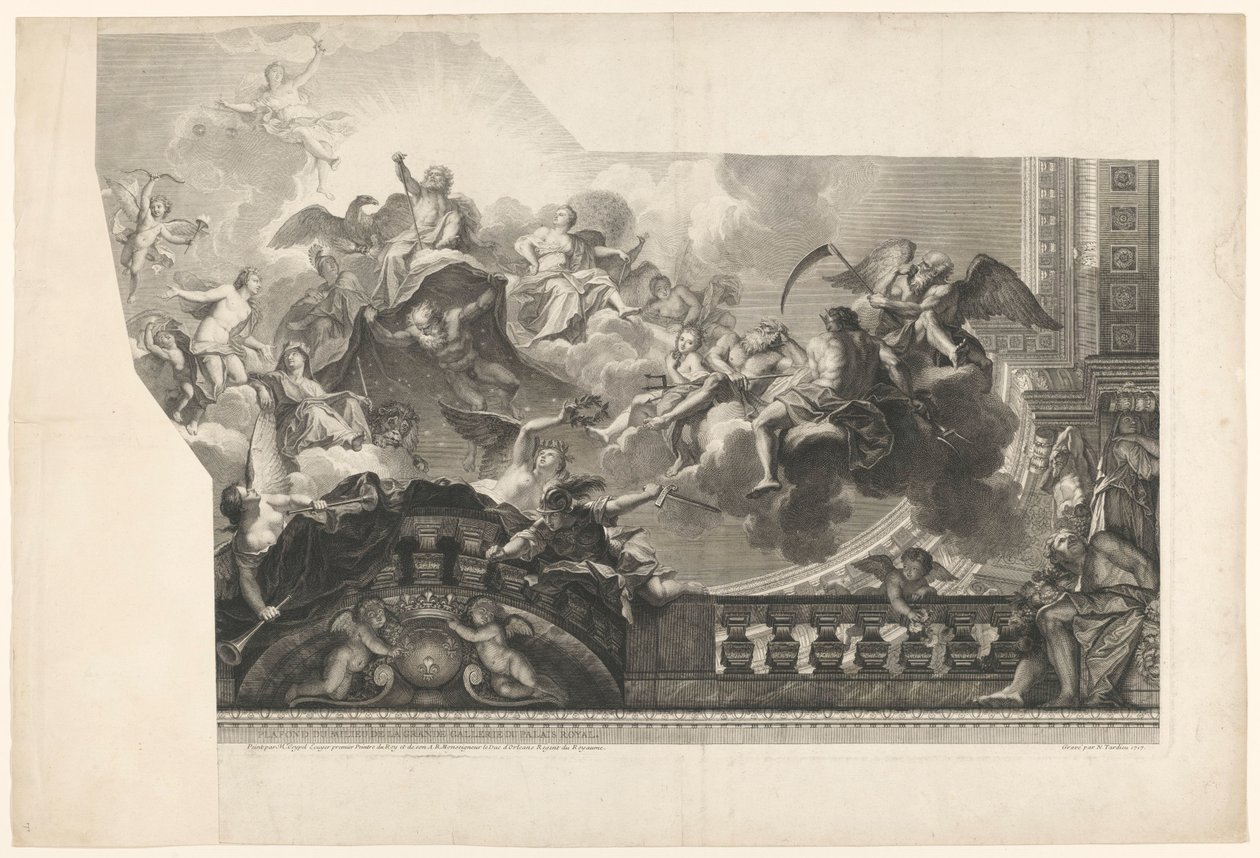 Kattomaalaus jumalien kokoonpanolla (levy 2) Ceiling du Milieu de la Grande Gallerie du Palais Royal (otsikko esineessä) tekijältä Nicolas Henri Tardieu