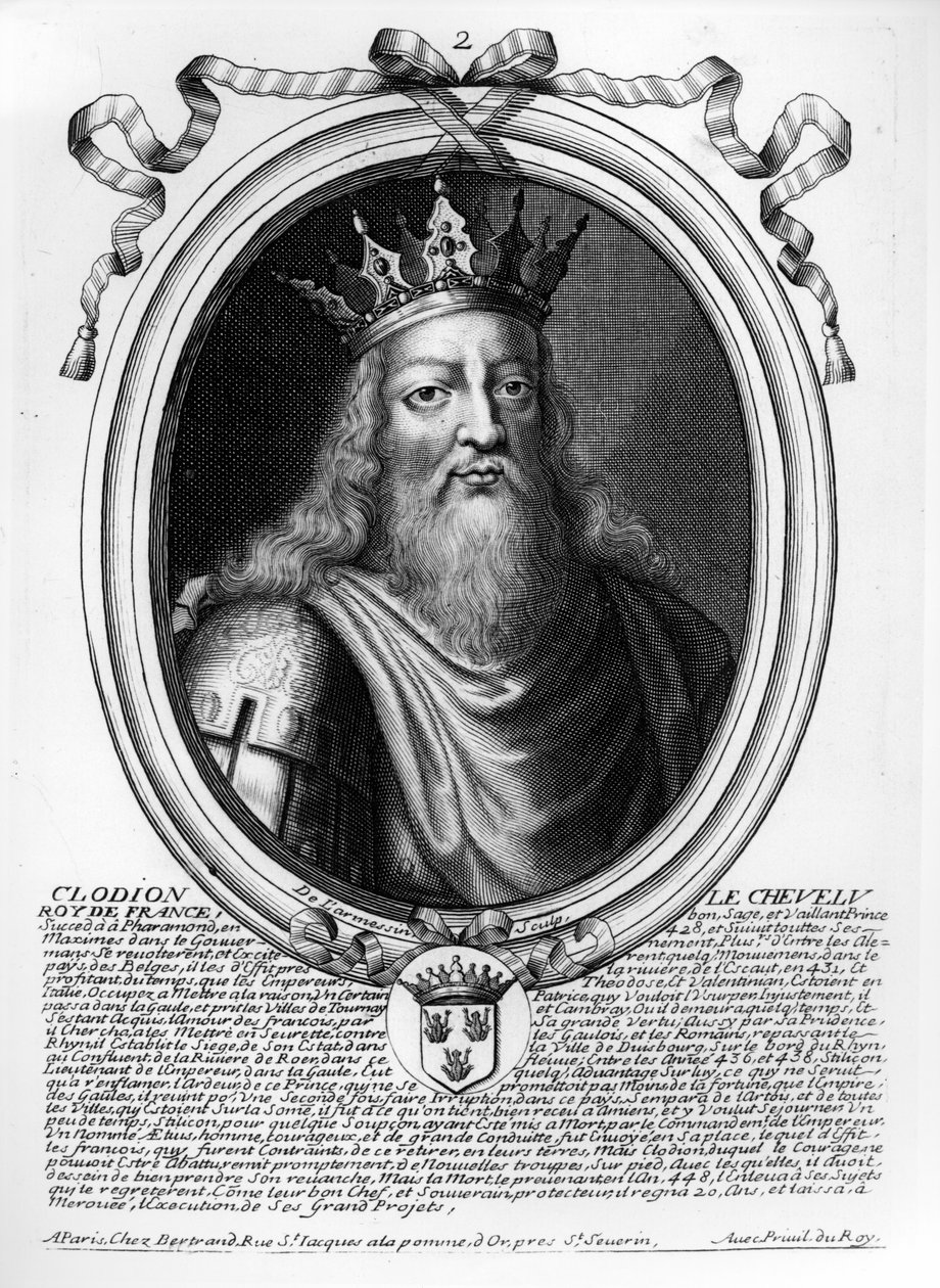 Clodion The Hairy (n. 428-47) teoksesta "Les Augustes Representations de tous les Rois de France from Pharamond to Louis XIV", Pariisi, 1679 tekijältä Nicolas II de Larmessin