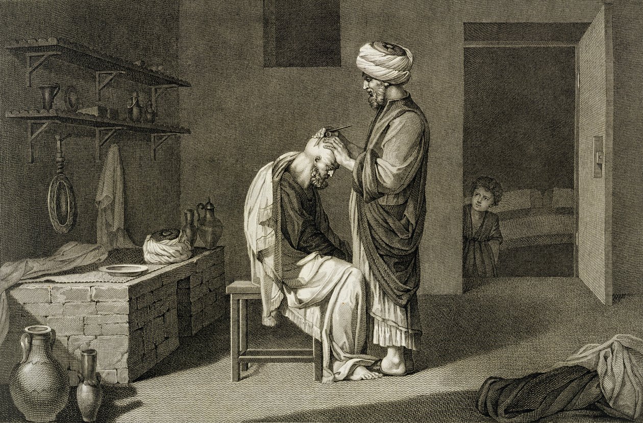 The Barber, osasta II Arts and Trades of "Description of Egypt", kaiverrettu Etienne Frederic Lignon (1779-1833) pub. Napoleonin käskystä tekijältä Nicolas Jacques (after) Conte