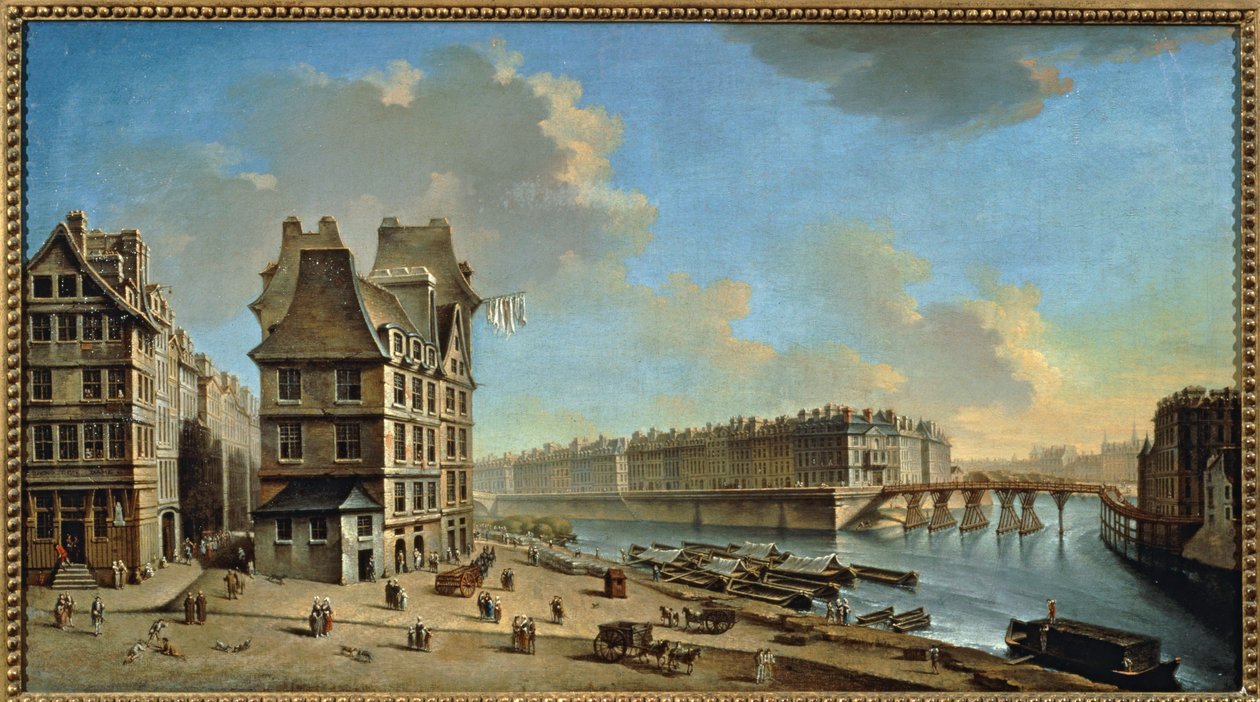 Ile Saint-Louis ja Pont Rouge Place de Greve -aukiolta katsottuna, Pariisi (maalaus kankaalle) tekijältä Nicolas & Jean Baptiste (1715-93) Raguenet