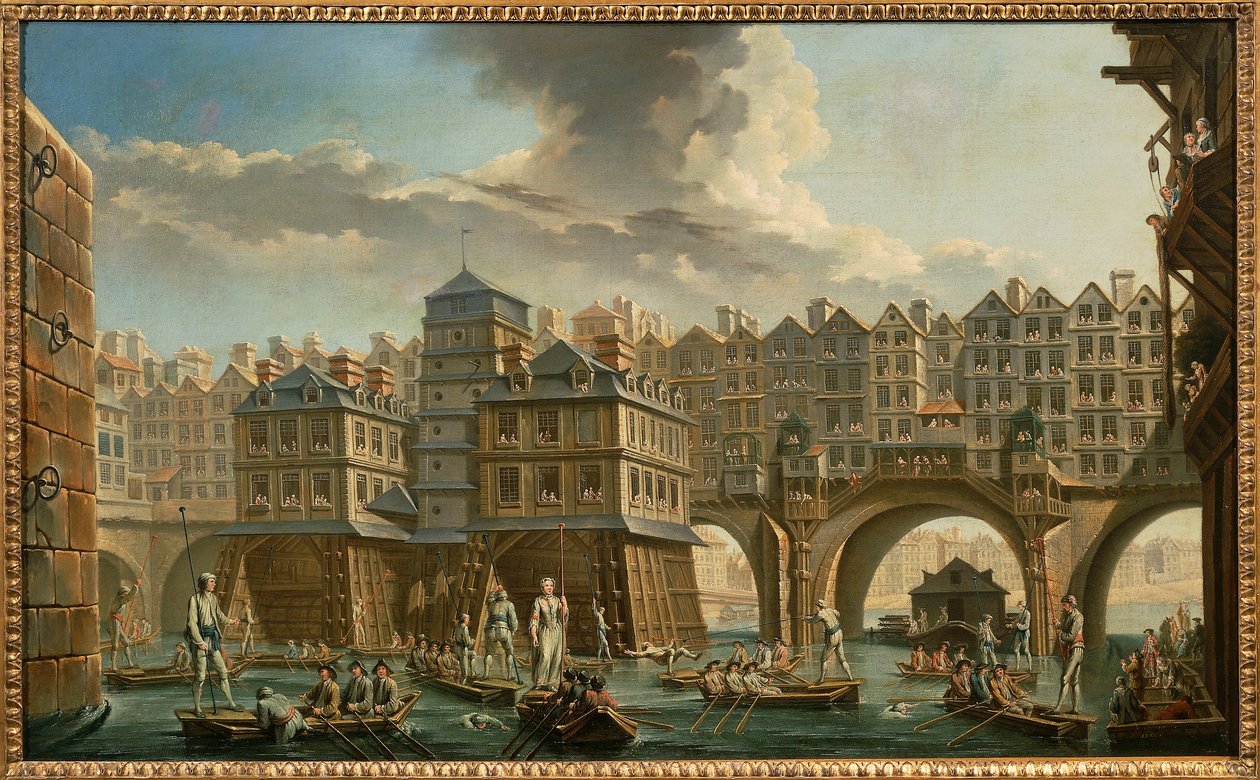 Pariisi, veneilijöiden turnaus Pont Notre-Damen ja Pont au Changen välillä tekijältä Nicolas and Jean Baptiste Raguenet