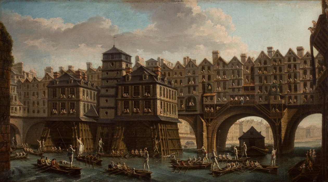 Merimiehet Turnajaiset, Pont Notre Damen ja Pont-Au-Changen välissä, Pariisi, 1756. tekijältä Nicolas Jean Baptiste Raguenet