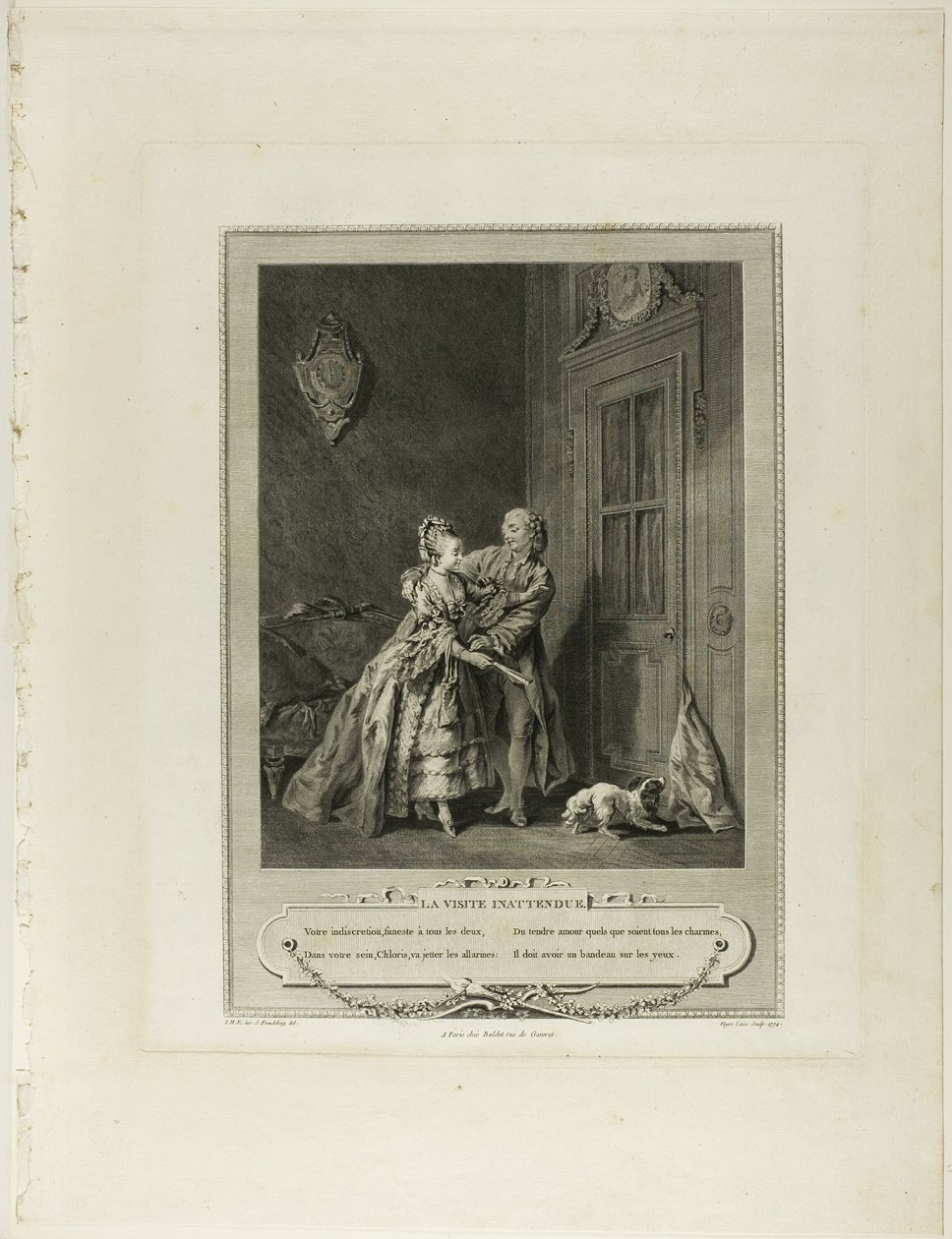 Odottamaton kutsu, teoksesta Monument du Costume Physique et Moral de la fin du Dix-huitième siècle (Monument du Costume Physique et Moral de la fin du Dix-huitième siècle) tekijältä Nicolas Joseph Voyez