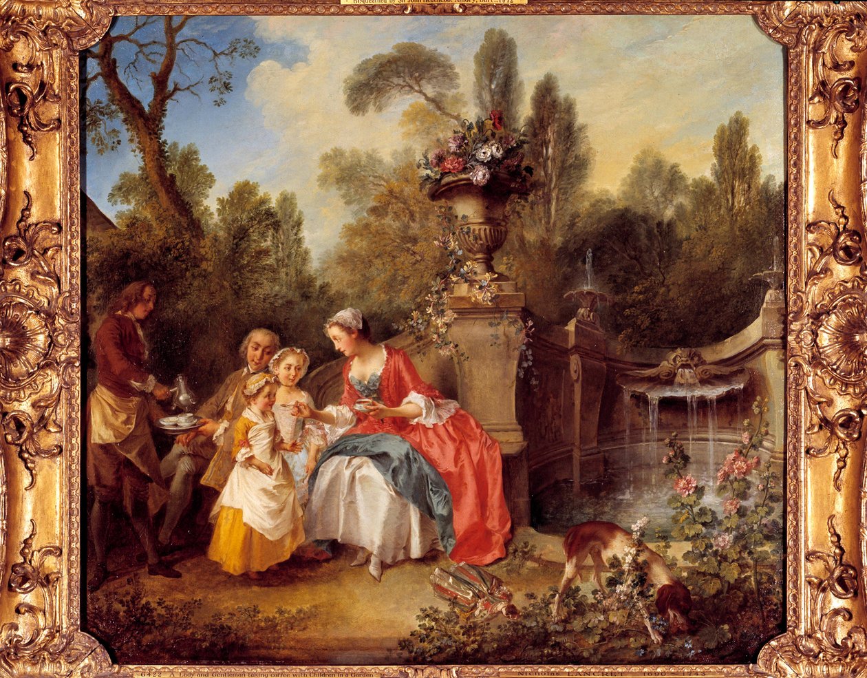 Nainen puutarhassa kahvilla lasten kanssa tai kupin suklaata Nicolas Lancretin (1690-1743) maalaus tekijältä Nicolas Lancret