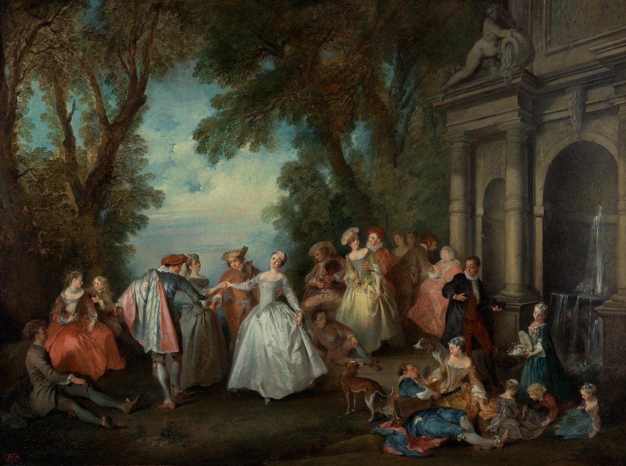 Tanssi ennen suihkulähdettä, n. 1724 (öljy kankaalle) tekijältä Nicolas Lancret