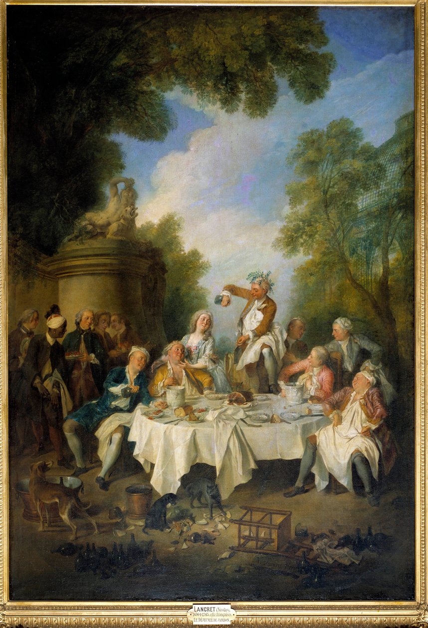 Kinkkukohtauksen lounas maalaisjuhlasta kinkun ympärillä aatelistossa. Nicolas Lancretin (1690-1743) maalaus 1735. Aurinko 1,8x1,2 m Chantilly, museo Conde tekijältä Nicolas Lancret