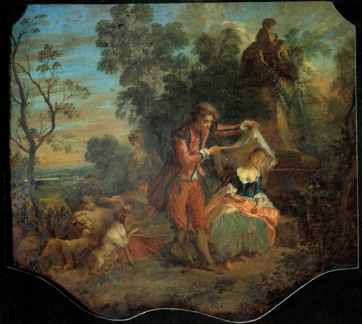 Paimen huomaamaton bukolinen kohtaus, joka kuvaa nuorta paimenta nostamassa hunnua, jonka alla nuori paimen nukkuu. Nicolas Lancretin (1690-1743) maalaus. 1700-luvun aurinko. 0,84 x 0,95 m. Retket, Kuvataidemuseo tekijältä Nicolas Lancret