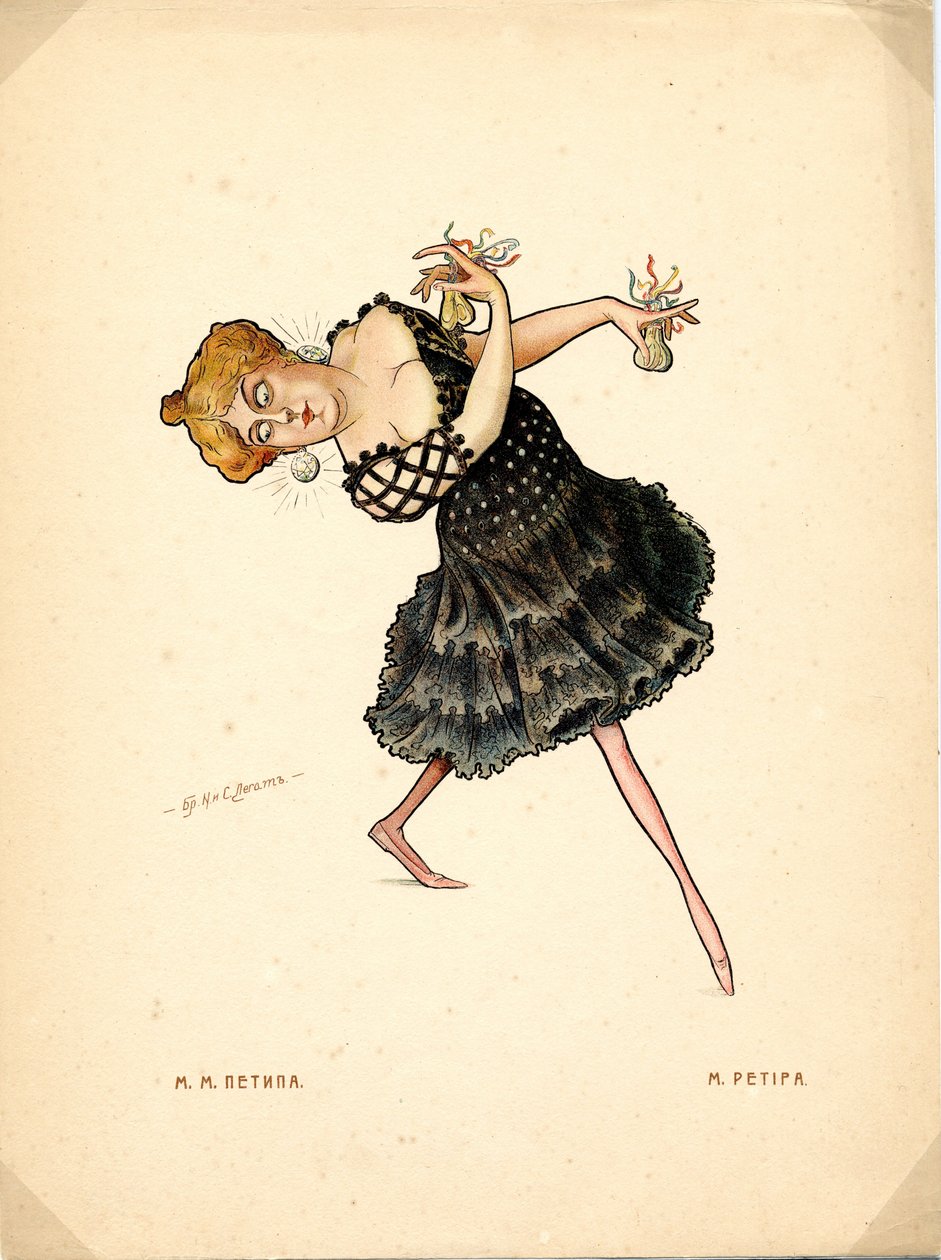 Venäläisen baleriinan Marie Petipan (1857-1930) muotokuva - Nikolai Gustavovich Legatin (1869-1937) litografia, poimittu Ballet russe en karikatyyreistä tekijältä Nicolas Legat