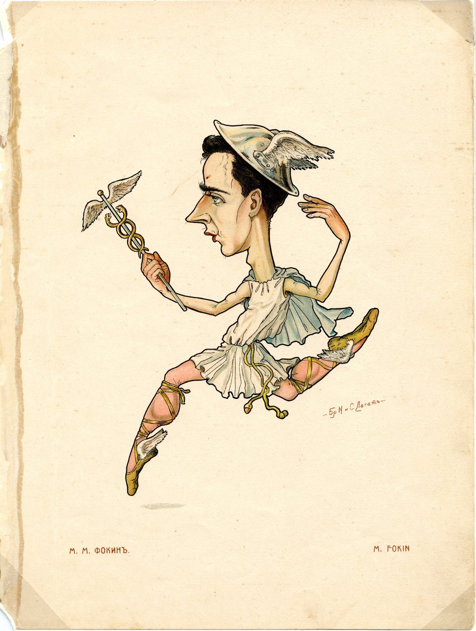 Muotokuva Mikhail (Michel) Fokinesta (1880-1942), venäläinen tanssija ja koreografi - Nikolai Gustavovich Legatin (1869-1937) litografia, poimittu Ballet russe en karikatyyreistä tekijältä Nicolas Legat