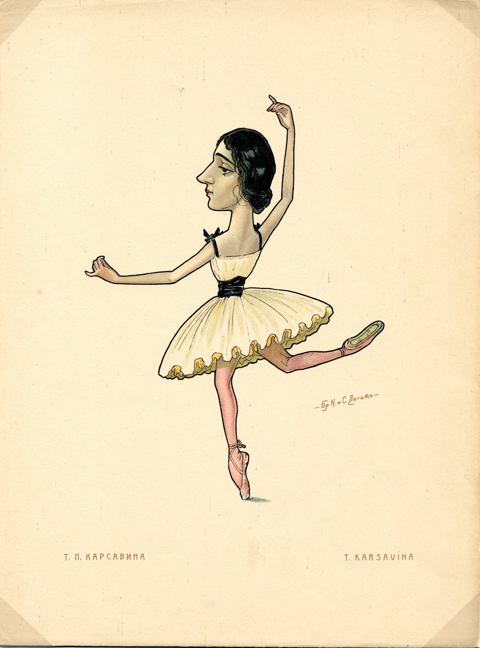 Muotokuva Tamara Karsavinasta (1885-1978) Venäläinen baleriina - Nikolai Gustavovich Legatin (1869-1937) litografia, poimittu Ballet russe en karikatyyreistä tekijältä Nicolas Legat