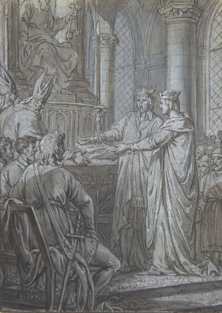 Ludvig III ja Carloman antavat kuningaskunnan piispoille vakuuden uskollisuudestaan ​​vuonna 882, n. 1791. tekijältä Nicolas Lejeune