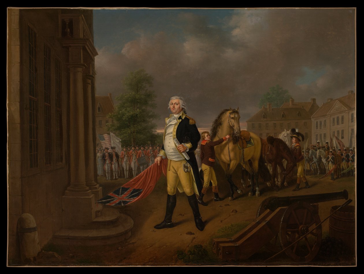 Kenraali Humphreys toimittaa Yorktownissa mukana olevat standardit kongressitalolle (Philadelphia) tekijältä Nicolas Louis Albert Delerive