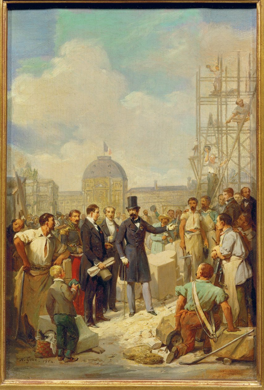 Napoleon III vierailee uuden Louvren rakennustyömaalla. tekijältä Nicolas Louis Francois Gosse