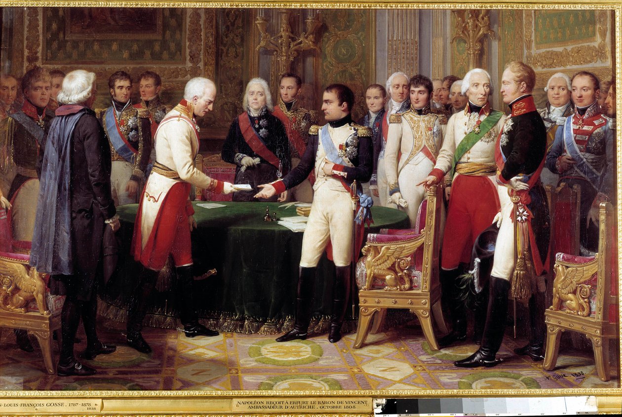 Erfurtin haastattelu 27. syyskuuta - 14. lokakuuta 1808: Napoleon I vastaanottaa Itävallan keisarilta lähetetyn itävaltalaisen diplomaatin paroni Vincentin. Keskellä kahden hahmon välissä näemme Charles Maurice of Talleyrand Perigord (1754-1838). Kipu tekijältä Nicolas Louis Francois Gosse