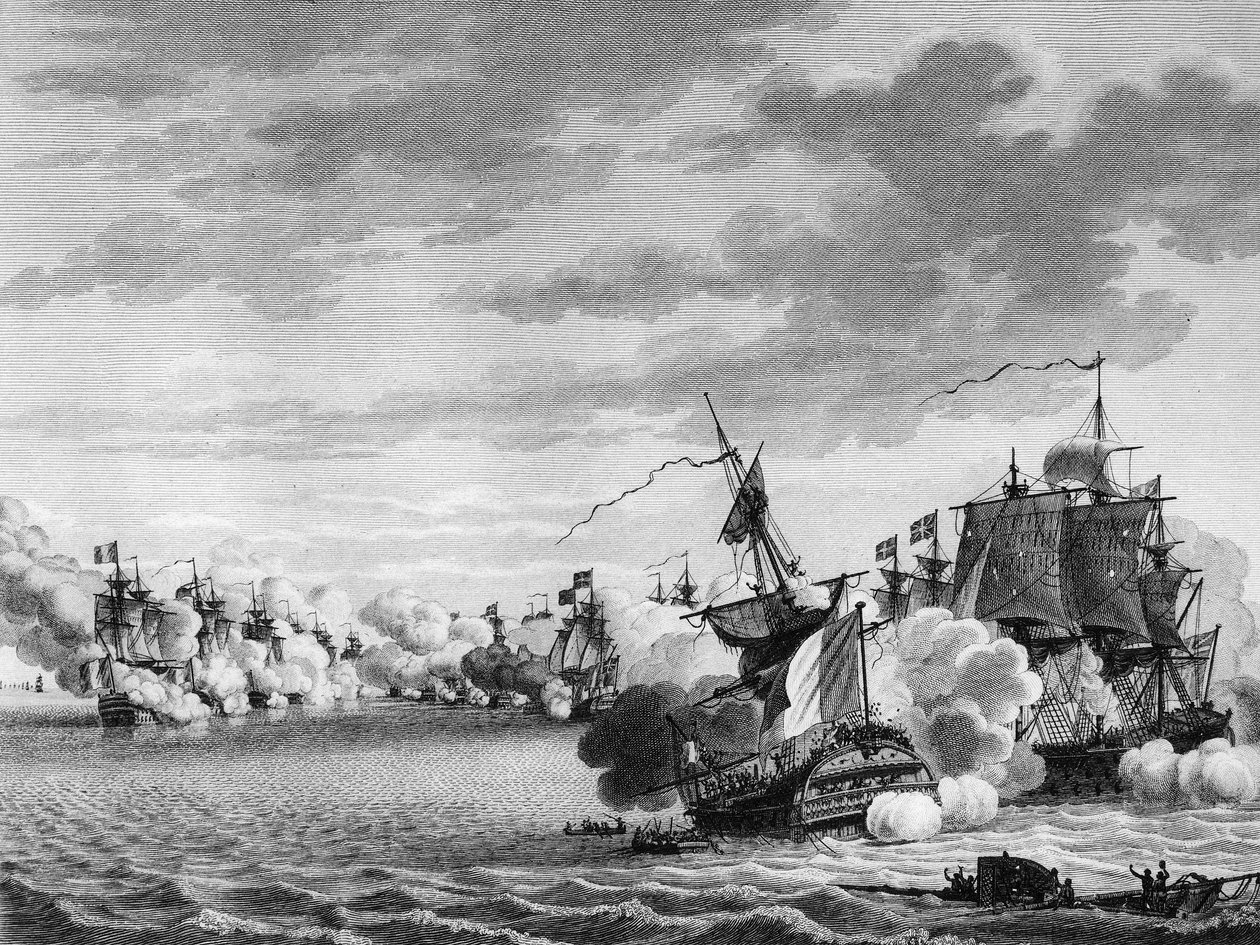 Ranskan vallankumouksen sota ja vallankumouksen vastaiset liikkeet: Kapteeni Renaudinin johtaman ranskalaisen laivan "" Avenger de Peuple" taistelu 3. kesäkuuta tekijältä Nicolas Marie (after) Ozanne