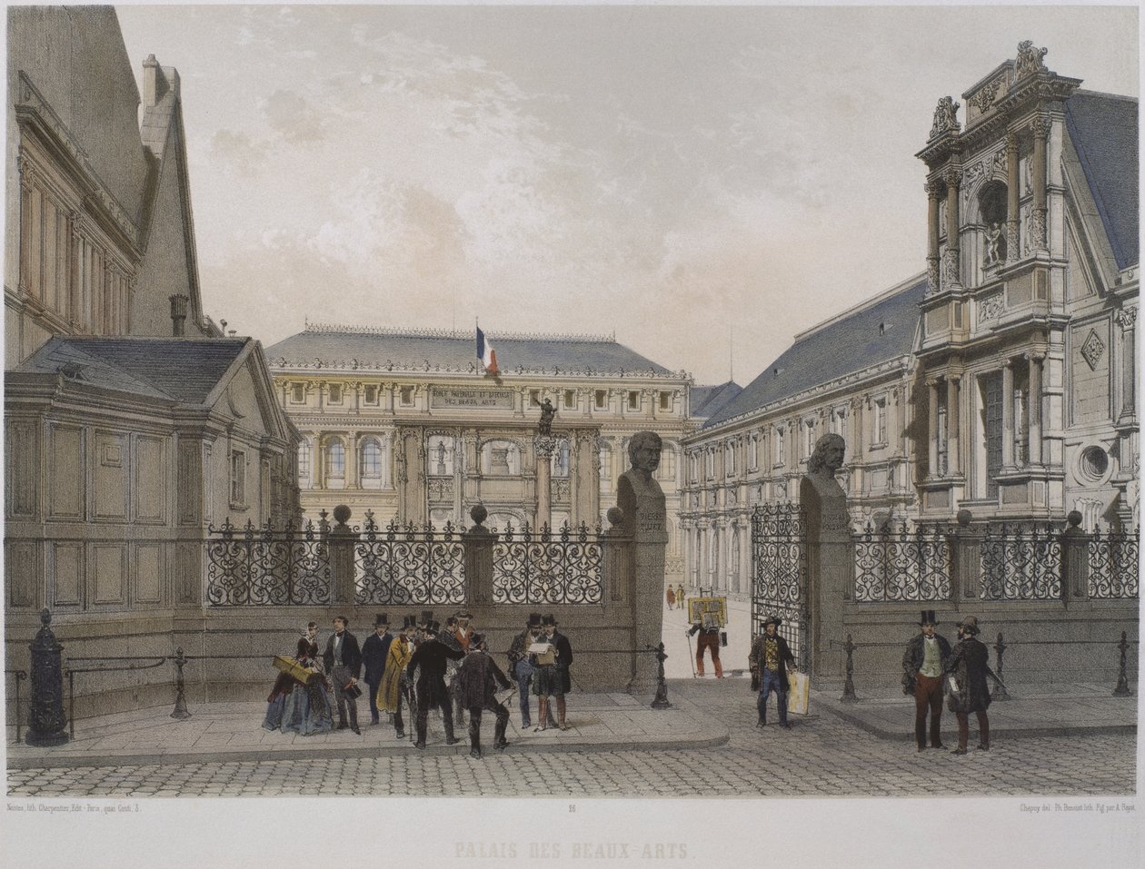 Palais des Beaux-Arts, Pariisi, kuvitus teoksesta "Pariisi loistossaan", julkaisija Henri Charpentier, kaiverrus Philippe Benoist (s.1813) 1861 tekijältä Nicolas Marie Joseph Chapuy