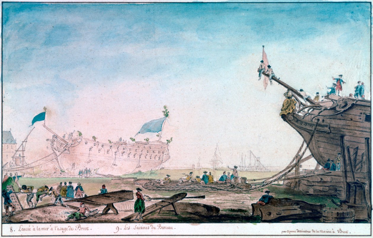 Laivan laukaisu Brestissä, c1750-1810 tekijältä Nicolas Marie Ozanne