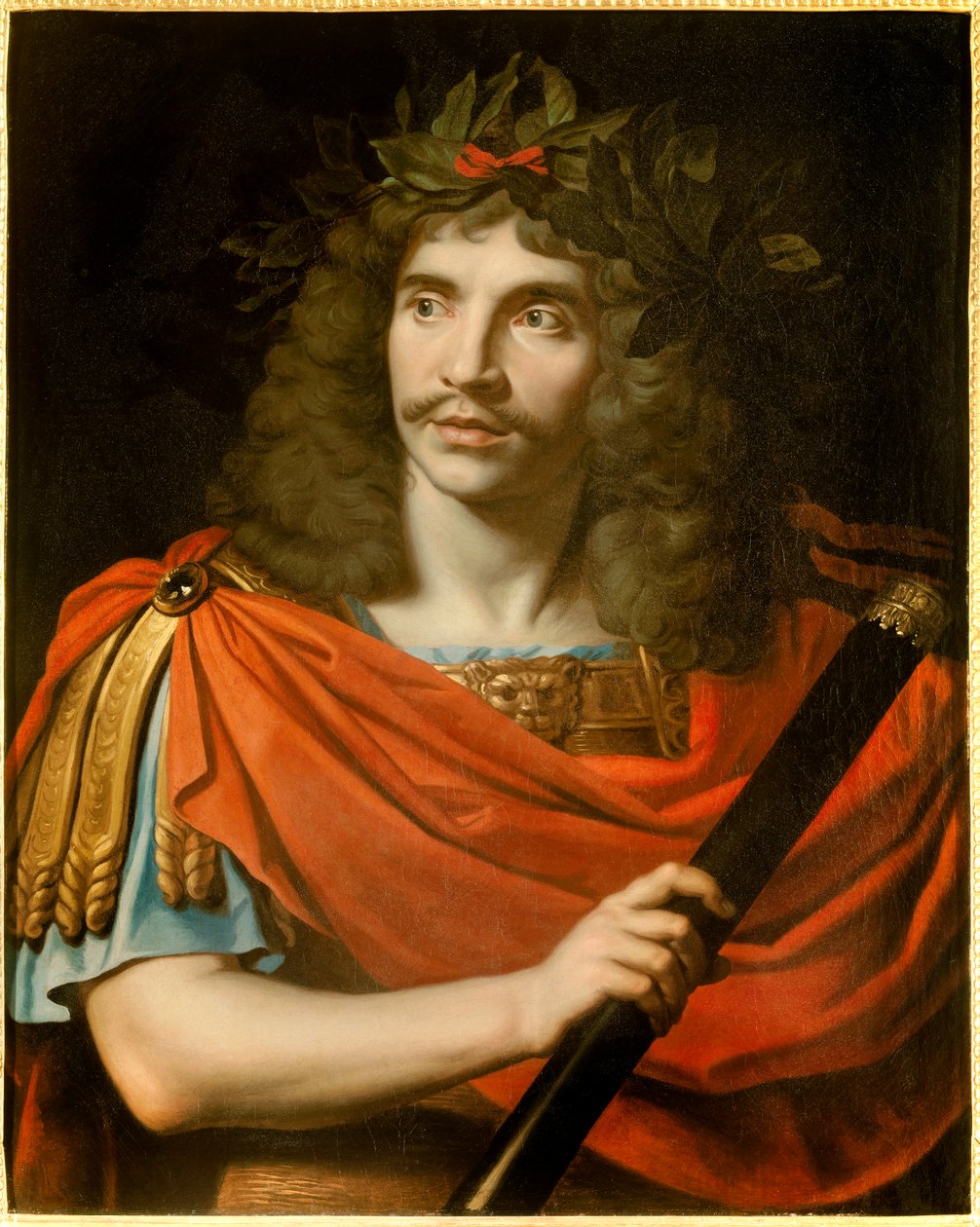 Muotokuva ranskalaisesta koomikosta ja näytelmäkirjailijasta Jean-Baptiste Poquelin dit Molieresta (1622-1673) teoksessa Cesar in La mort de Pompee””” kirjoittanut Corneille”” Nicolas Mignardin (1606-1668) maalaus. 1657 noin Aurinko. 0,75x0,6 m. Comedie fr tekijältä Nicolas Mignard